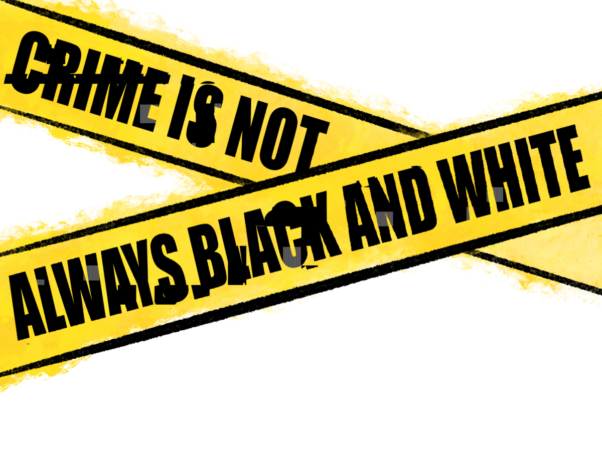 Illustration of crime scene tape depicting the words "Crime is Not Always Black and White." (Gracie Davis/The Seahawk).