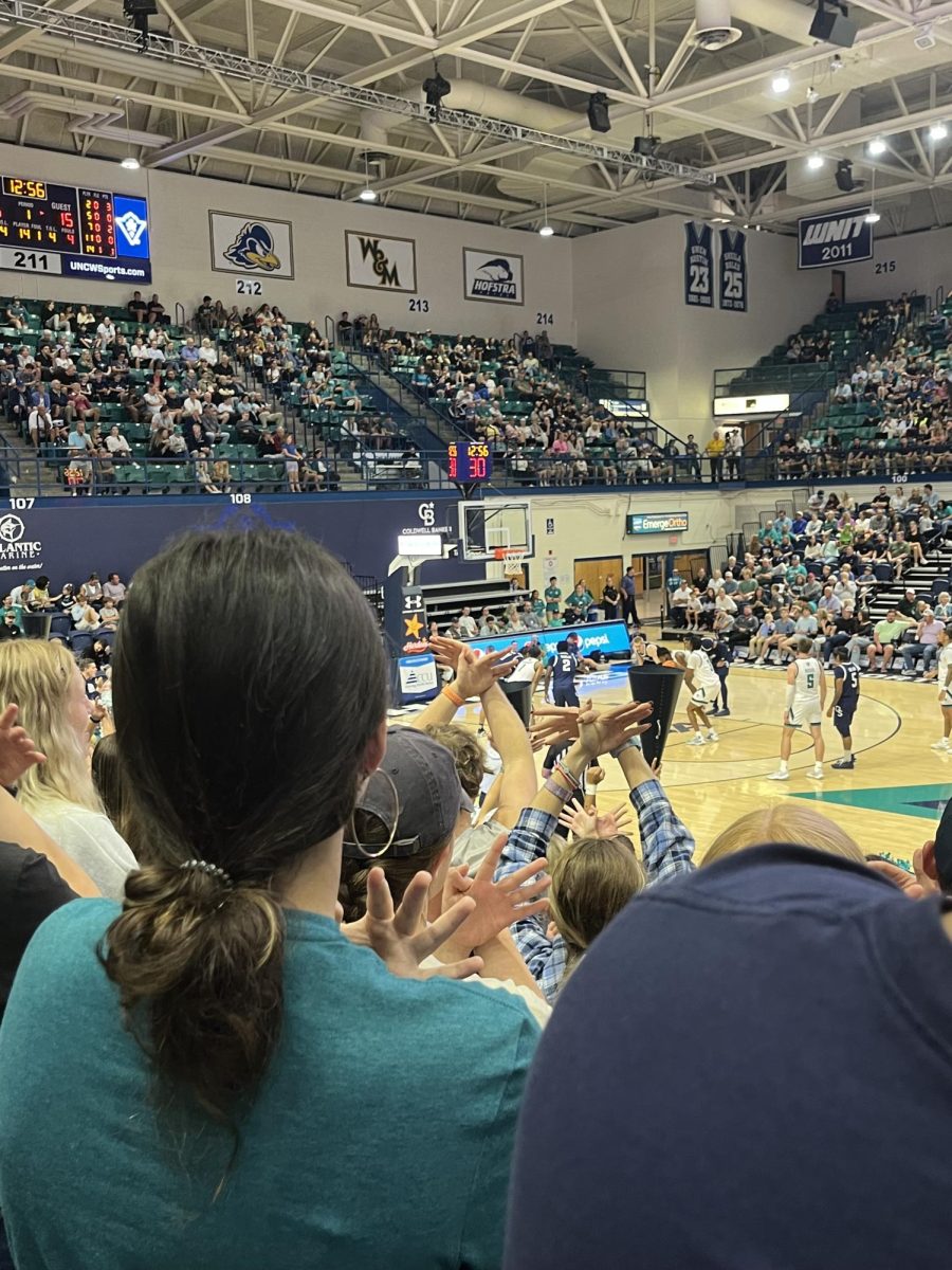 Hawks Ready - Fans hold up their wings as Sean Moore shoots a free throw to cut down Georgia Southern's lead in the first half. (Addison Lowry/The Seahawk)