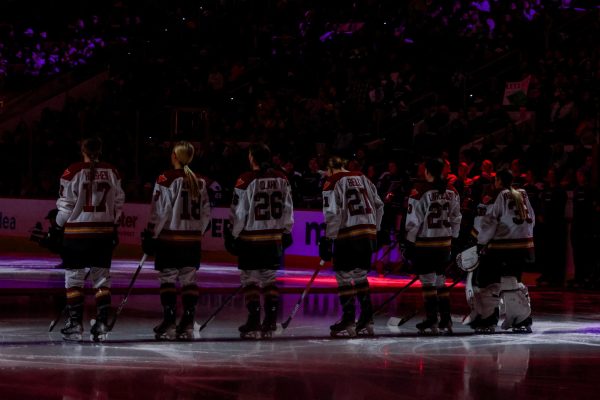 The starting players for the Ottawa Charge being announced before puck drop at the Lenovo Center, Friday, March 7, 2025. (Sarah Cooper/The Seahawk).