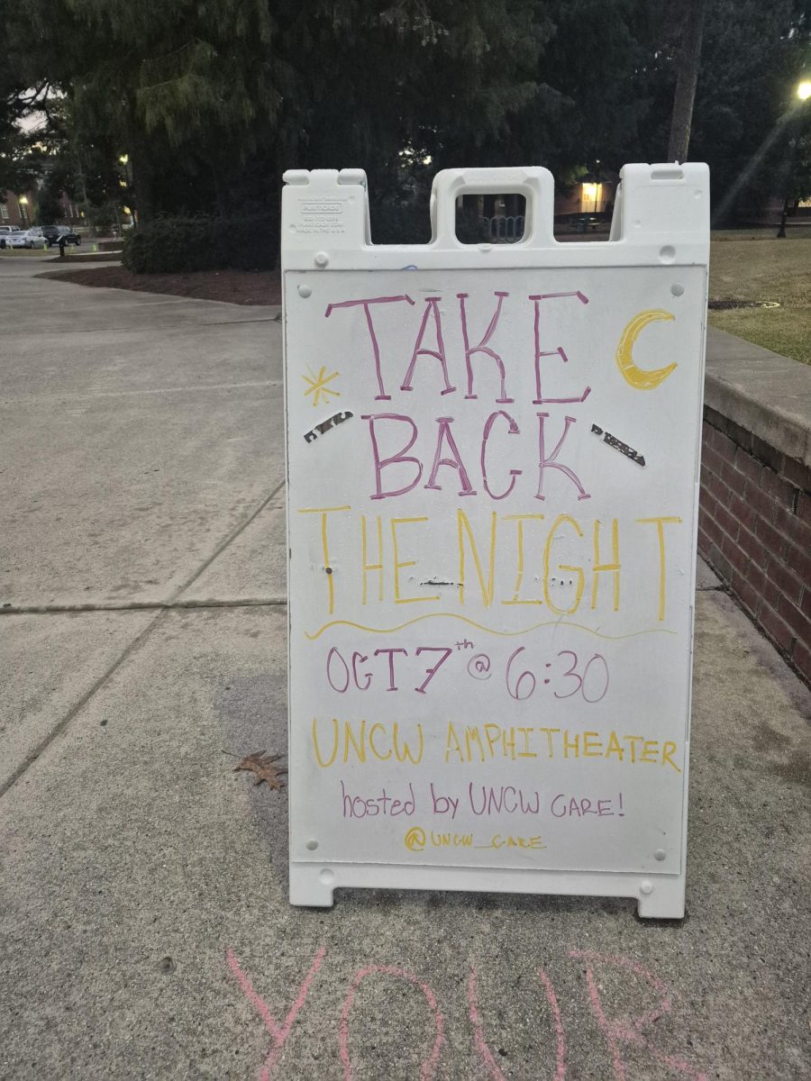 A sign posted outside of the amphitheater promoting the Take Back The Night event (Kaylin Brown/The Seahawk).